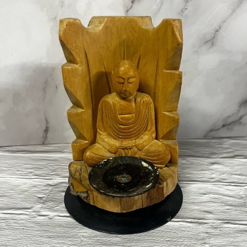 Hand Carved Wooden Buddha Statue Sculpture With Small Candle Holder